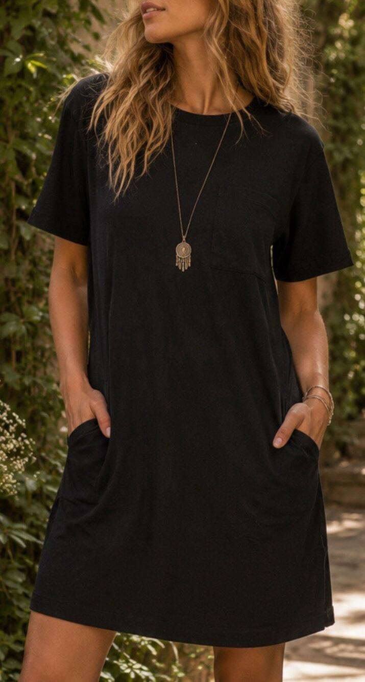 Quince Little Black Tencel Lyocell Pocket Shirt Dress XS Crew Neck Short Sleeve